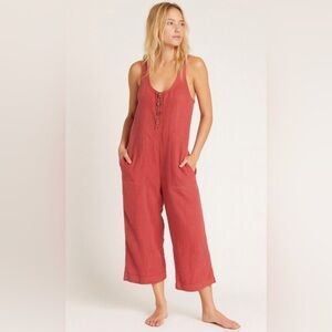 Prana Seakissed Button-Front Jumpsuit rust smocked back pockets wide leg Size L